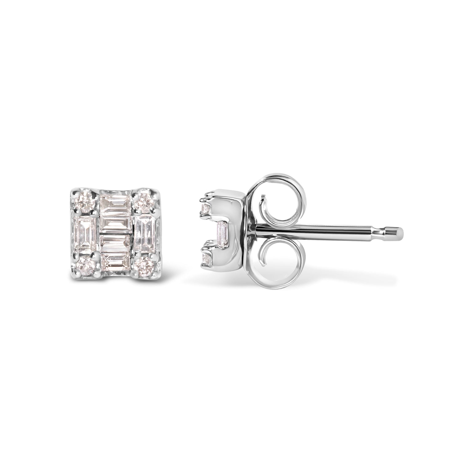10K White Gold 1/7 Cttw Round and Baguette Diamond Mosaic Square Stud Earrings (H-I Color, I1-I2 Clarity) by Bids.com