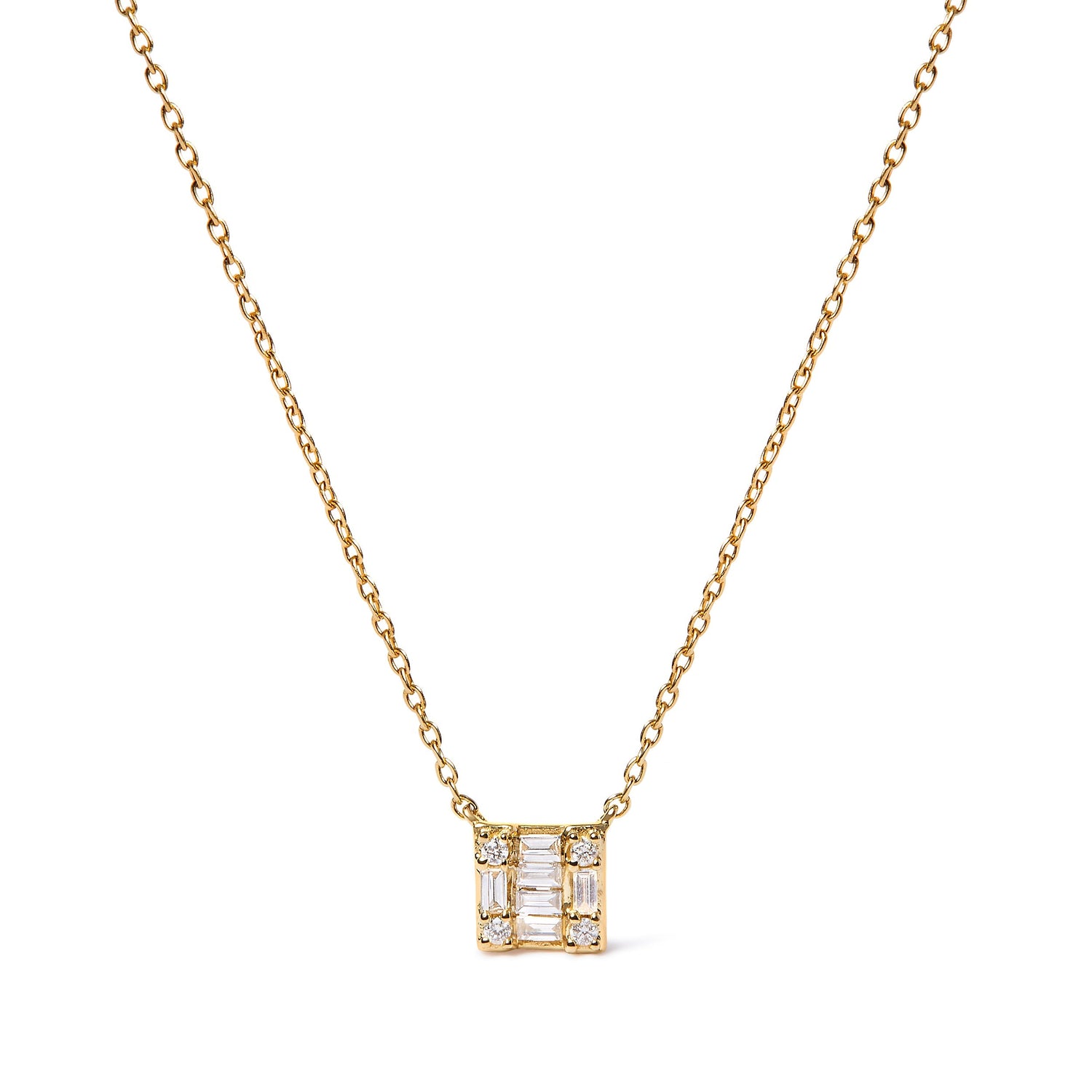10K Yellow Gold 1/10 Cttw Round and Baguette Diamond Mosaic Composite Square 18" Inch Pendant Necklace (H-I Color, I1-I2 Clarity) by Bids.com