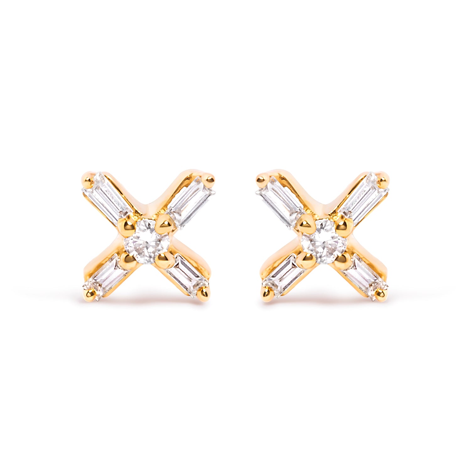 10K Yellow Gold 1/10 Cttw Round and Baguette Diamond Criss Cross X Stud Earring (H-I Color, I1-I2 Clarity) by Bids.com