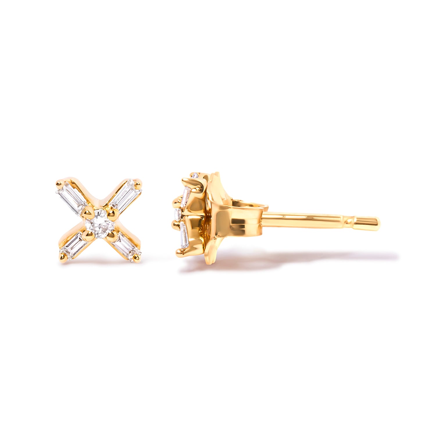 10K Yellow Gold 1/10 Cttw Round and Baguette Diamond Criss Cross X Stud Earring (H-I Color, I1-I2 Clarity) by Bids.com