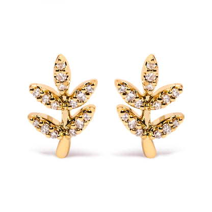 10K Yellow Gold 1/10 Cttw Diamond Accented Leaf and Branch Stud Earrings (H-I Color, I1-I2 Clarity) by Bids.com