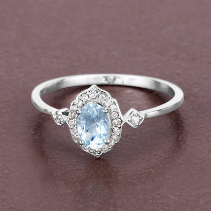 0.48 Carat Genuine Aquamarine and White Diamond 14K White Gold Ring  DestGlow
