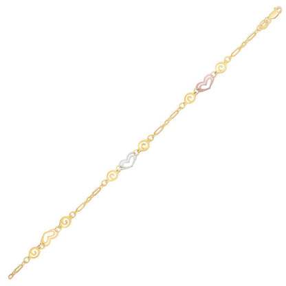 14k Tri-Color Gold Anklet with Multi Color Heart Stations by Bids.com