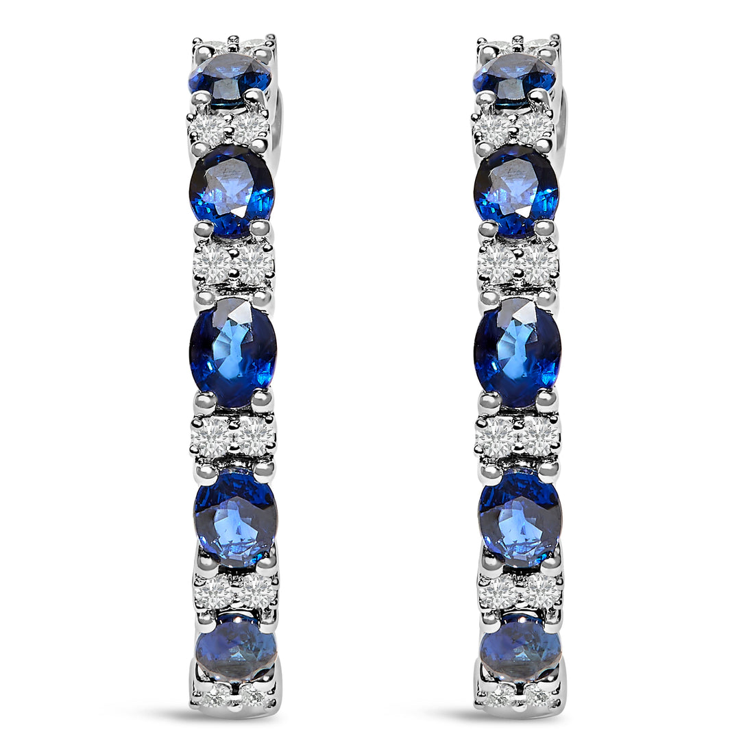 14K White Gold 4x3mm Oval Blue Sapphire and 1/4 Cttw Diamond Alternating Hoop Earring (I-J Color, SI2-I1 Clarity) by Bids.com