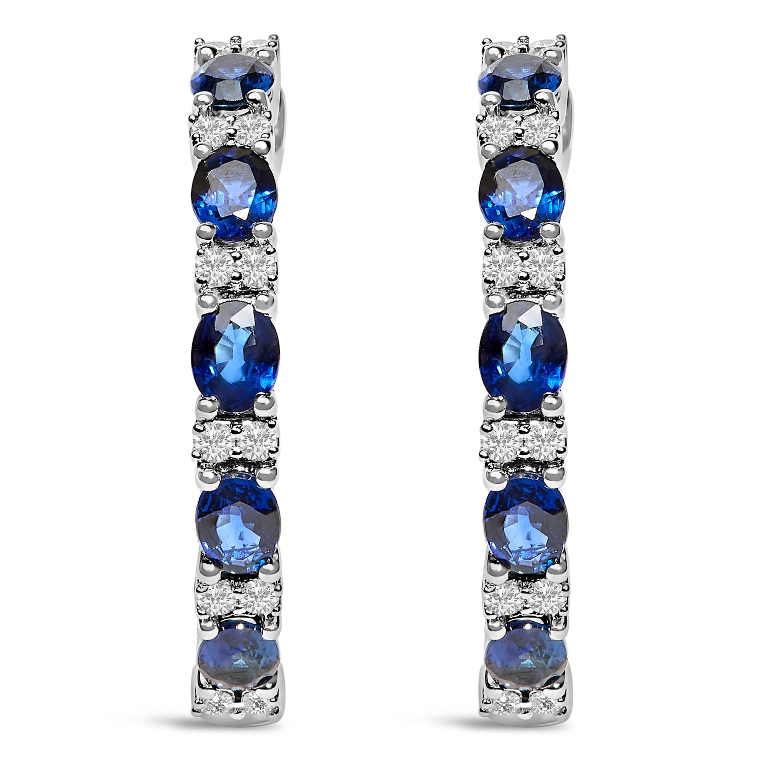 14K White Gold 4x3mm Oval Blue Sapphire and 1/4 Cttw Diamond Alternating Hoop Earring (I-J Color, SI2-I1 Clarity) by Bids.com