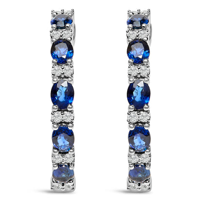 14K White Gold 4x3mm Oval Blue Sapphire and 1/4 Cttw Diamond Alternating Hoop Earring (I-J Color, SI2-I1 Clarity) by Bids.com
