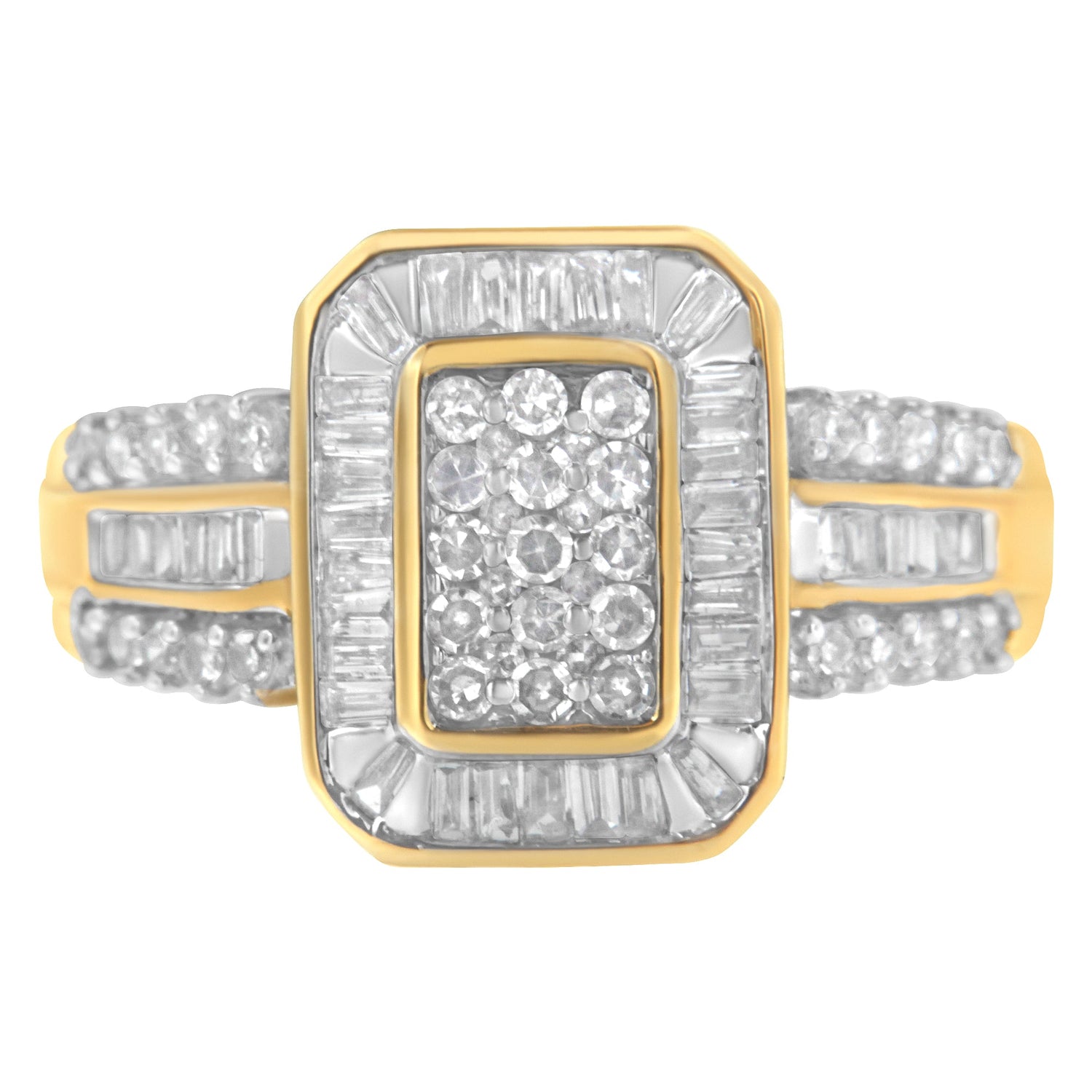 10K Yellow Gold Round and Baguette-Cut Diamond Cluster Ring (1.0 Cttw, I-J Color, SI1-SI2 Clarity) - Size 7 by Bids.com