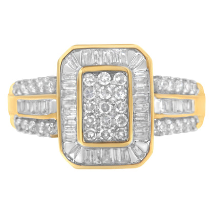 10K Yellow Gold Round and Baguette-Cut Diamond Cluster Ring (1.0 Cttw, I-J Color, SI1-SI2 Clarity) - Size 7 by Bids.com