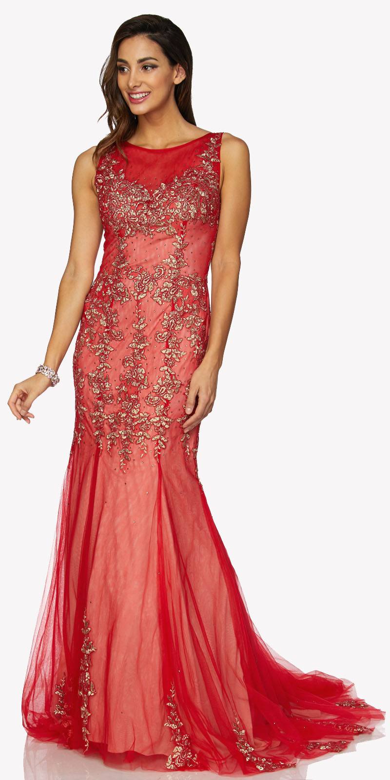 Juliet 656 Sleeveless Appliqued Mermaid Gown Godets and Train by DiscountDressShop