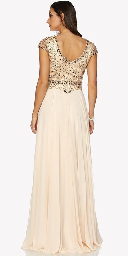 Juliet 657 Cap Sleeves Beaded Bodice A-line Long Dress by DiscountDressShop