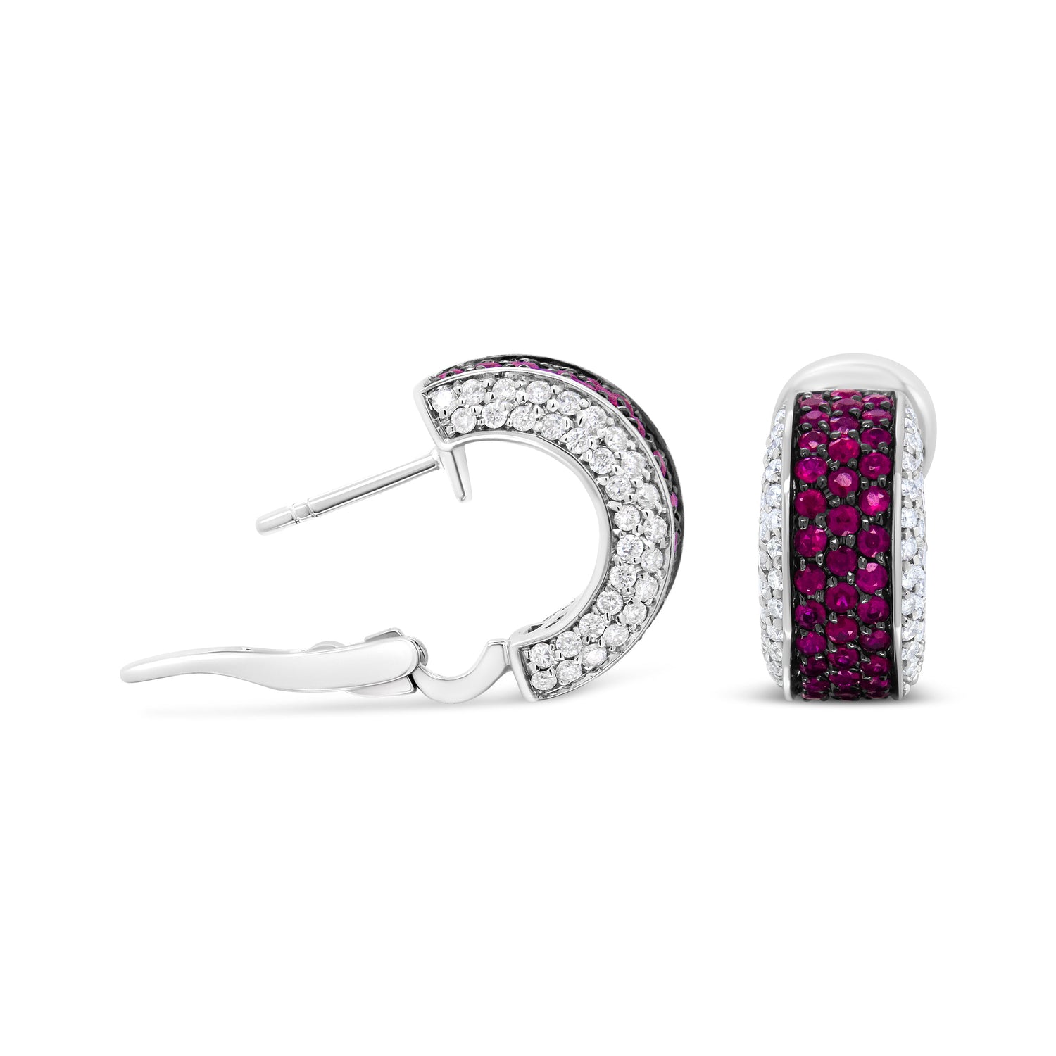 18K White Gold and Black Rhodium Plated 3/4 Cttw Round Diamonds and 1mm Round Red Ruby Huggie Hoop Earrings (F-G Color, VS1-VS2 Clarity) by Bids.com