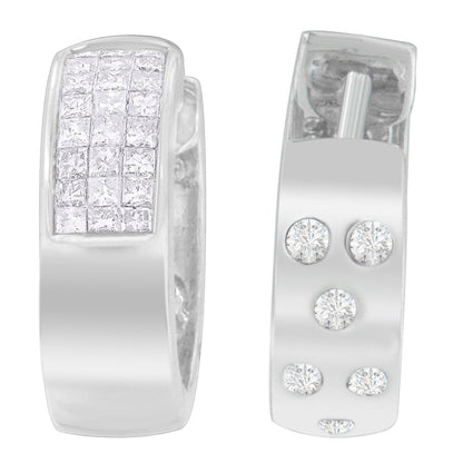 14K White Gold 1 1/8 cttw Princess and Round Cut Diamond Huggie Earrings (H-I, VS1-VS2) by Bids.com