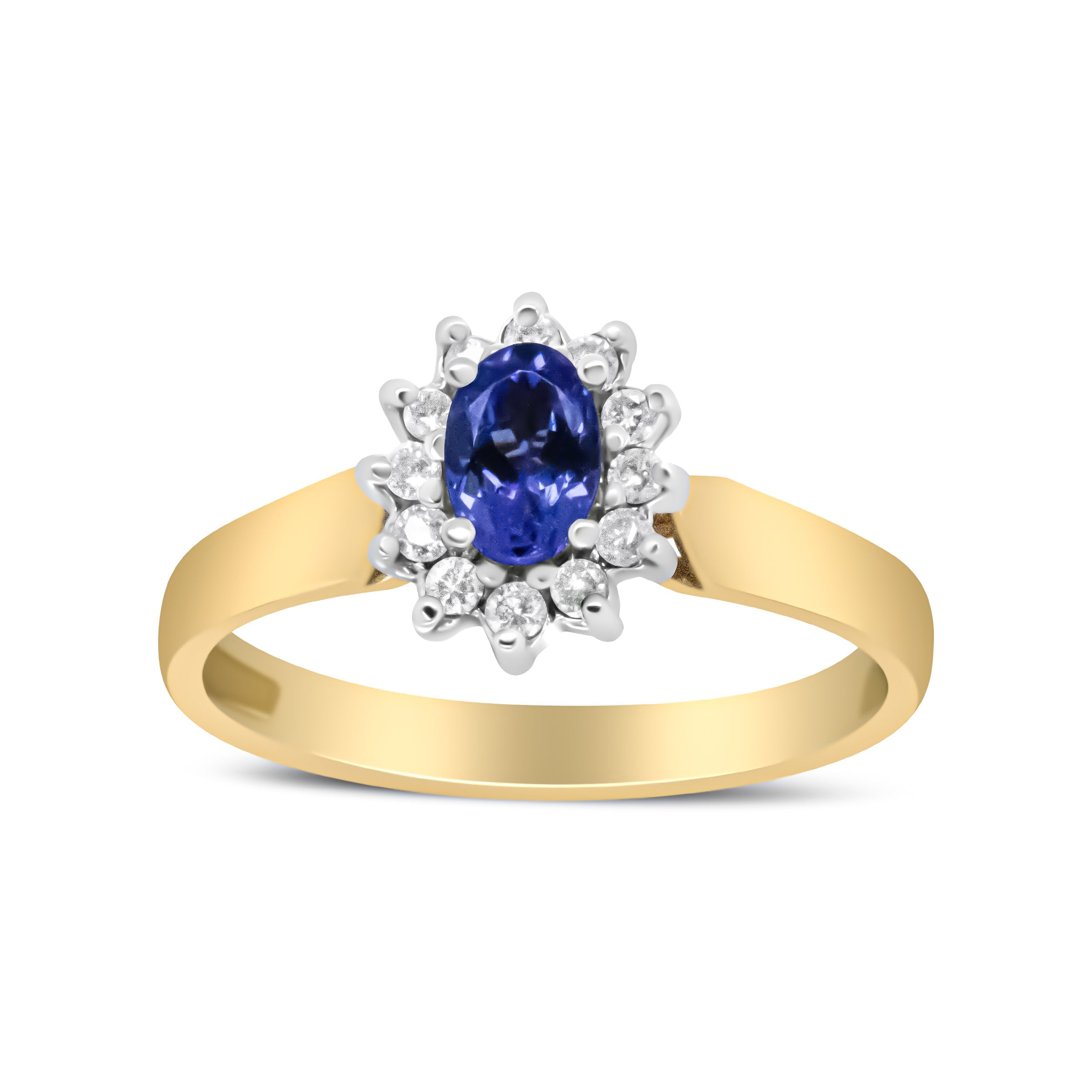 14K Yellow Gold 1/5 Cttw Round Diamond and 6x4mm Oval Blue Tanzanite Halo Ring (H-I Color, I1-I2 Clarity) - Size 7.75 by Bids.com