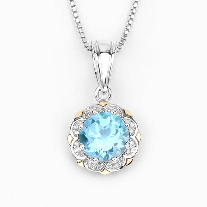 2.32 Carat Genuine Swiss Blue Topaz and White Diamond 14K Yellow Gold with .925 Sterling Silver Pendant by Bids.com
