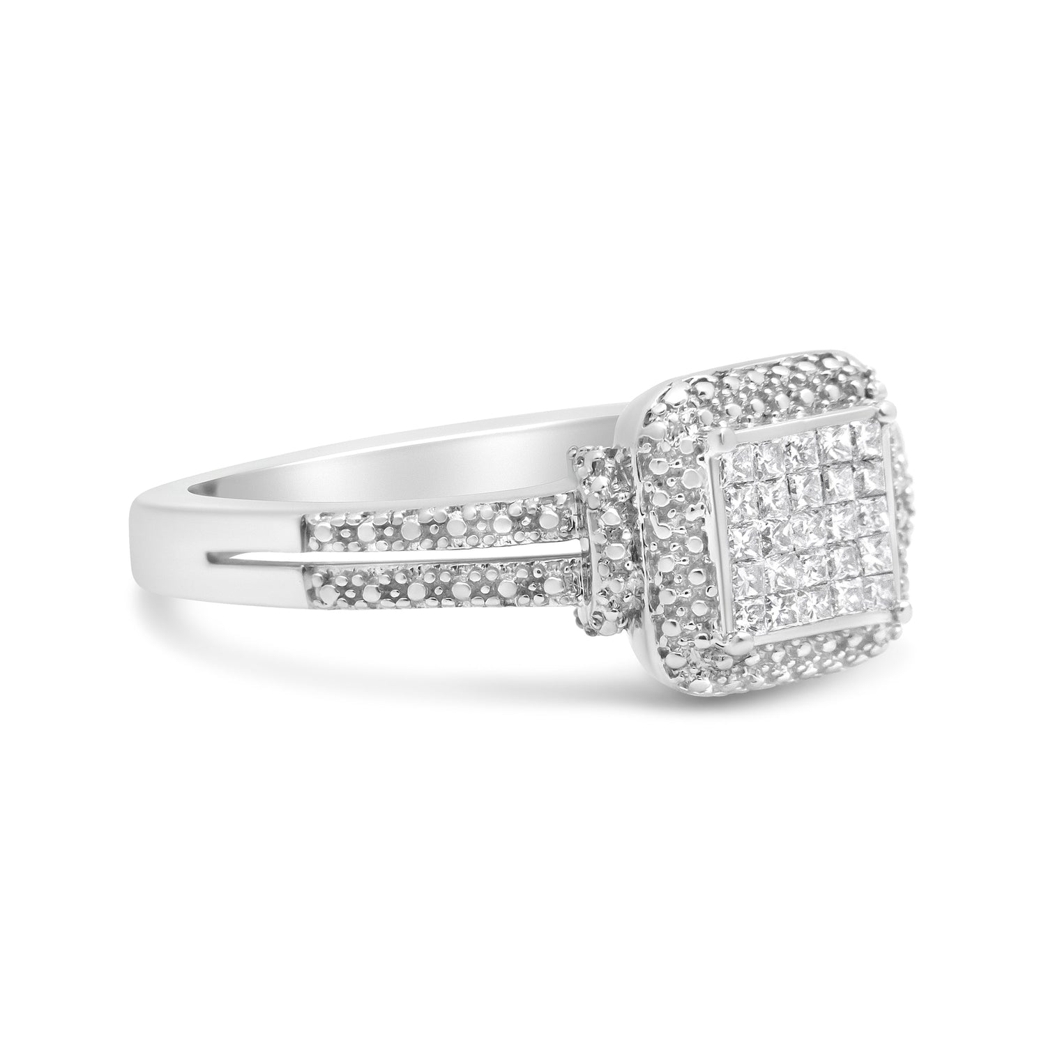 .925 Sterling Silver 1/4 Cttw Princess-cut Diamond Composite Ring with Beaded Halo (H-I Color, SI1-SI2 Clarity) - Size 7 by Bids.com