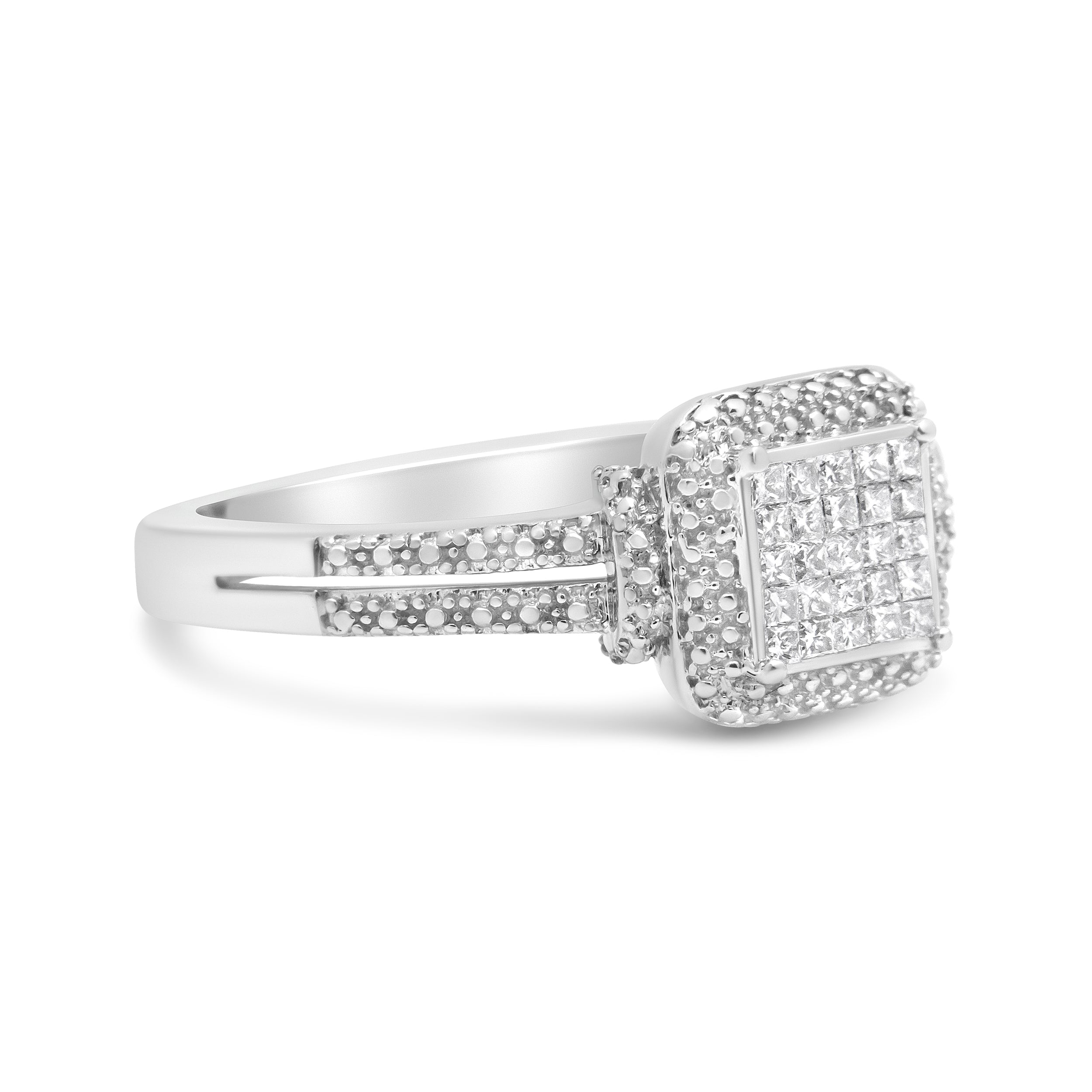 .925 Sterling Silver 1/4 Cttw Princess-cut Diamond Composite Ring with Beaded Halo (H-I Color, SI1-SI2 Clarity) - Size 7 by Bids.com