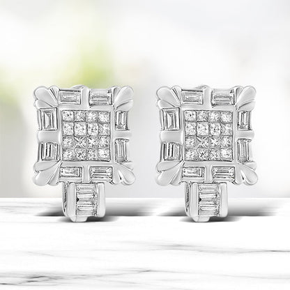 14K White Gold 1.0 Cttw Princess and Baguette-Cut Diamond Square Framed Huggie Hoop Omega Earrings (H-I Color, SI1-SI2 Clarity) by Bids.com
