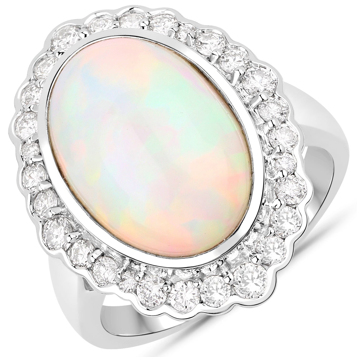 6.38 Carat Genuine Ethiopian Opal and White Diamond 14K White Gold Ring by Bids.com