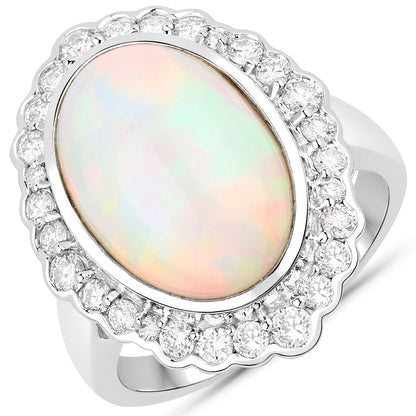 6.38 Carat Genuine Ethiopian Opal and White Diamond 14K White Gold Ring by Bids.com