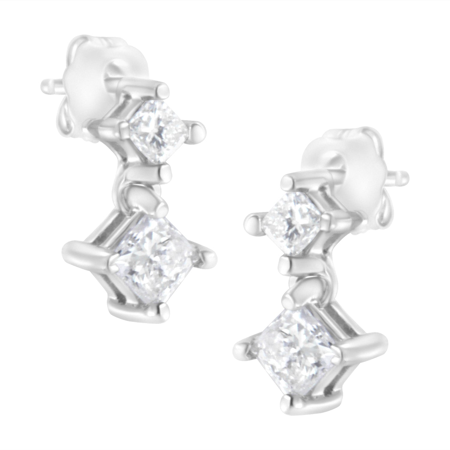 14K White Gold 3/4 cttw Double Diamond Princess-Cut Stud Earrings (I-J Clarity, I2-I3 Color) by Bids.com
