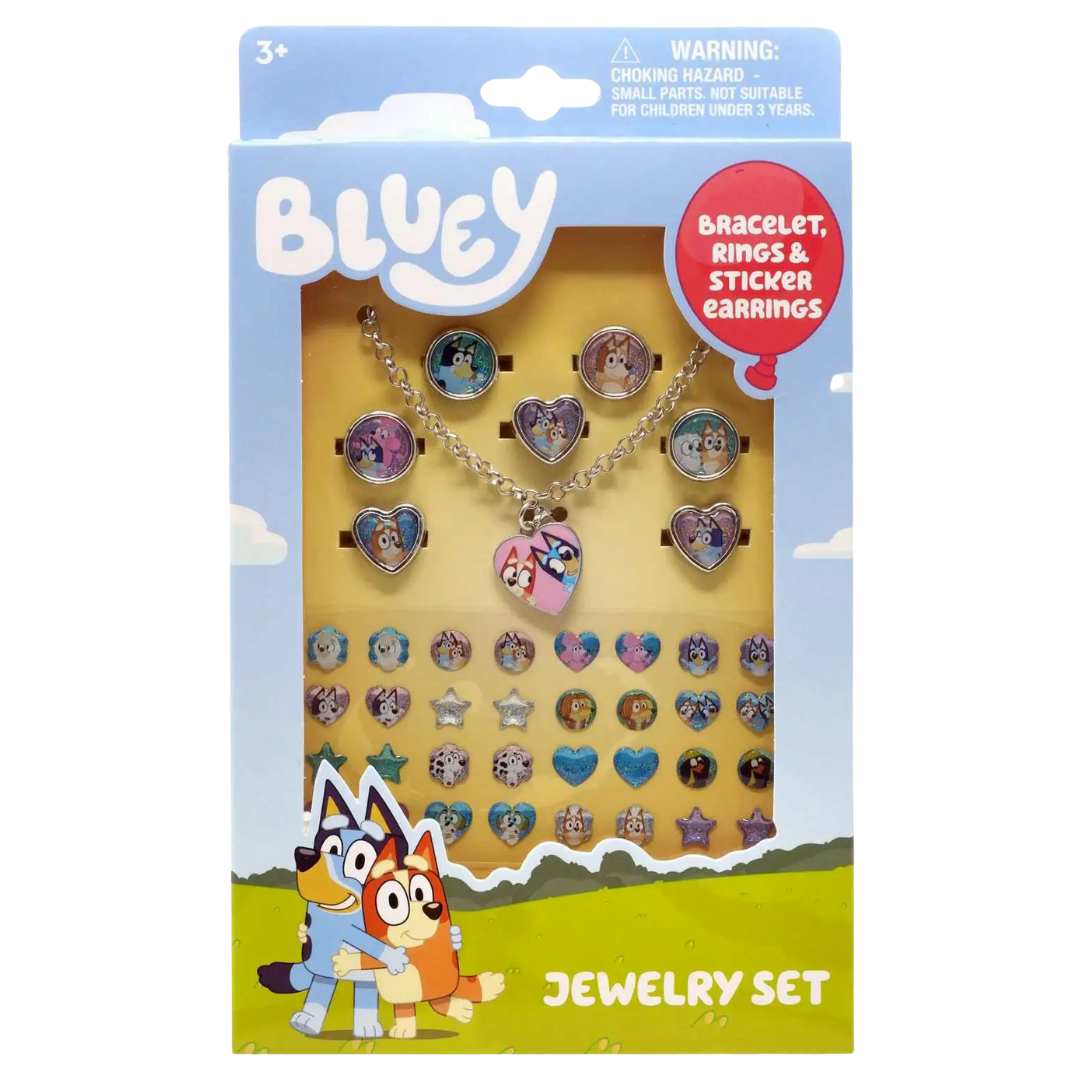 Bluey Kids Jewelry Set with Necklace, Rings &amp; Sticker Earrings by Farmacias Savia