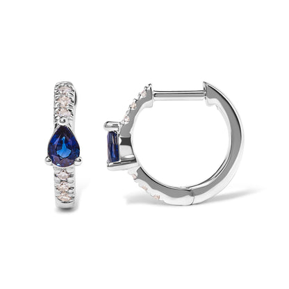 10K White Gold Pear Shaped Blue Sapphire and 1/10 Cttw Diamond Huggy Hoop Earrings (H-I Color, I1-I2 Clarity) by Bids.com