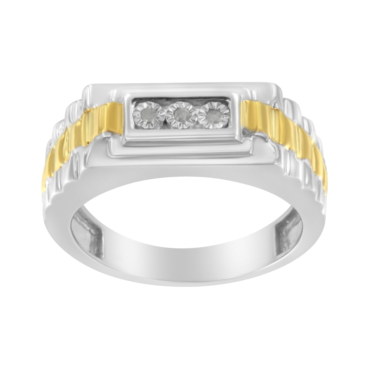 10K Yellow Gold Plated .925 Sterling Silver Diamond Accent Miracle-Set 3 Stone Ridged Band Gentlemen&