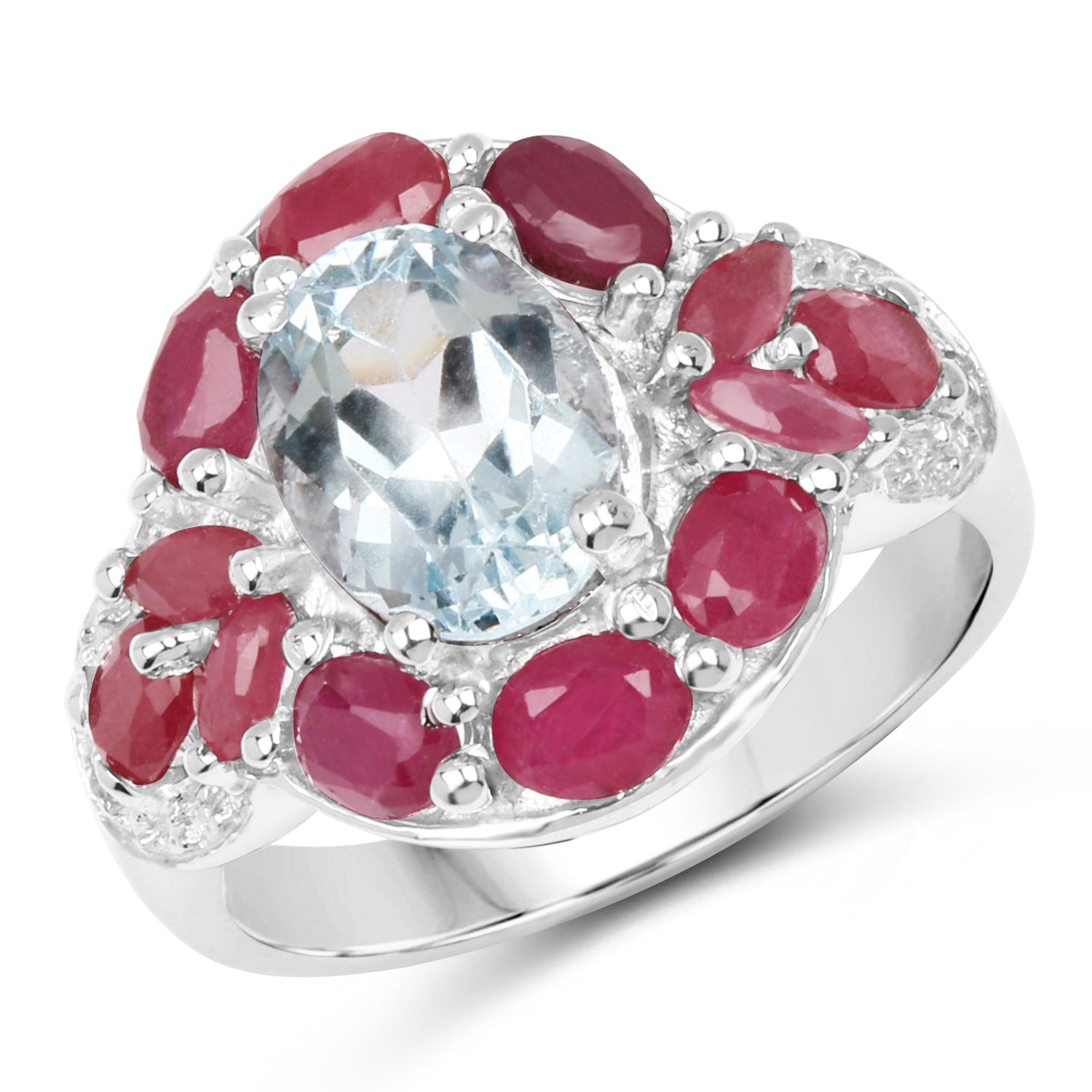 3.54 Carat Genuine Aquamarine, Ruby and White Topaz .925 Sterling Silver Ring by Bids.com