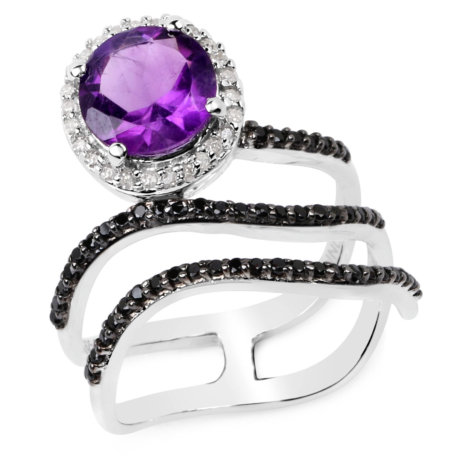2.31 Carat Genuine Amethyst, Black Spinel and White Diamond .925 Sterling Silver Ring by Bids.com