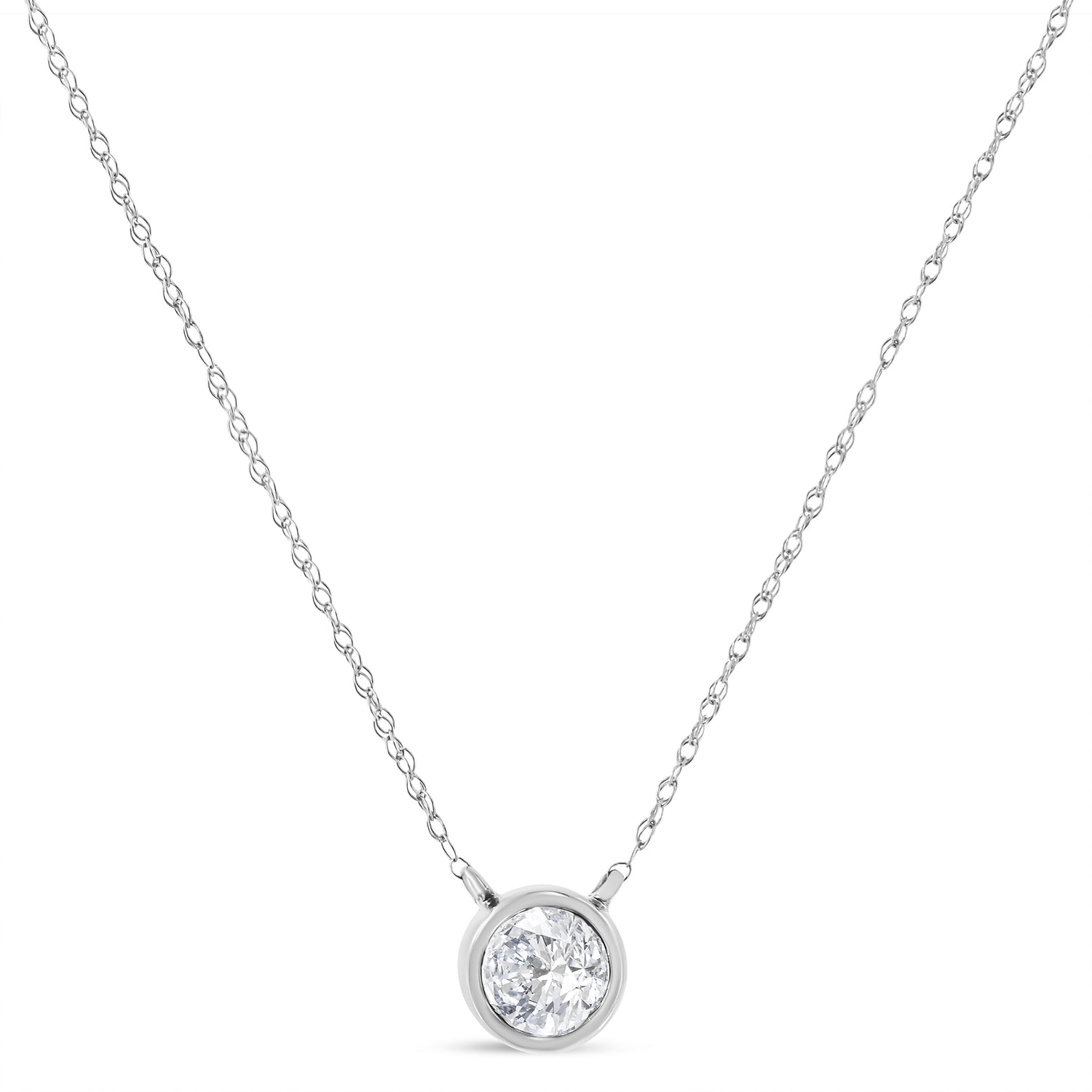 AGS Certified 10K White Gold 1/5 Cttw Bezel Set Round Diamond Solitaire 16-18" Adjustable Pendant Necklace (H-I Color, SI1-SI2 Clarity) by Bids.com