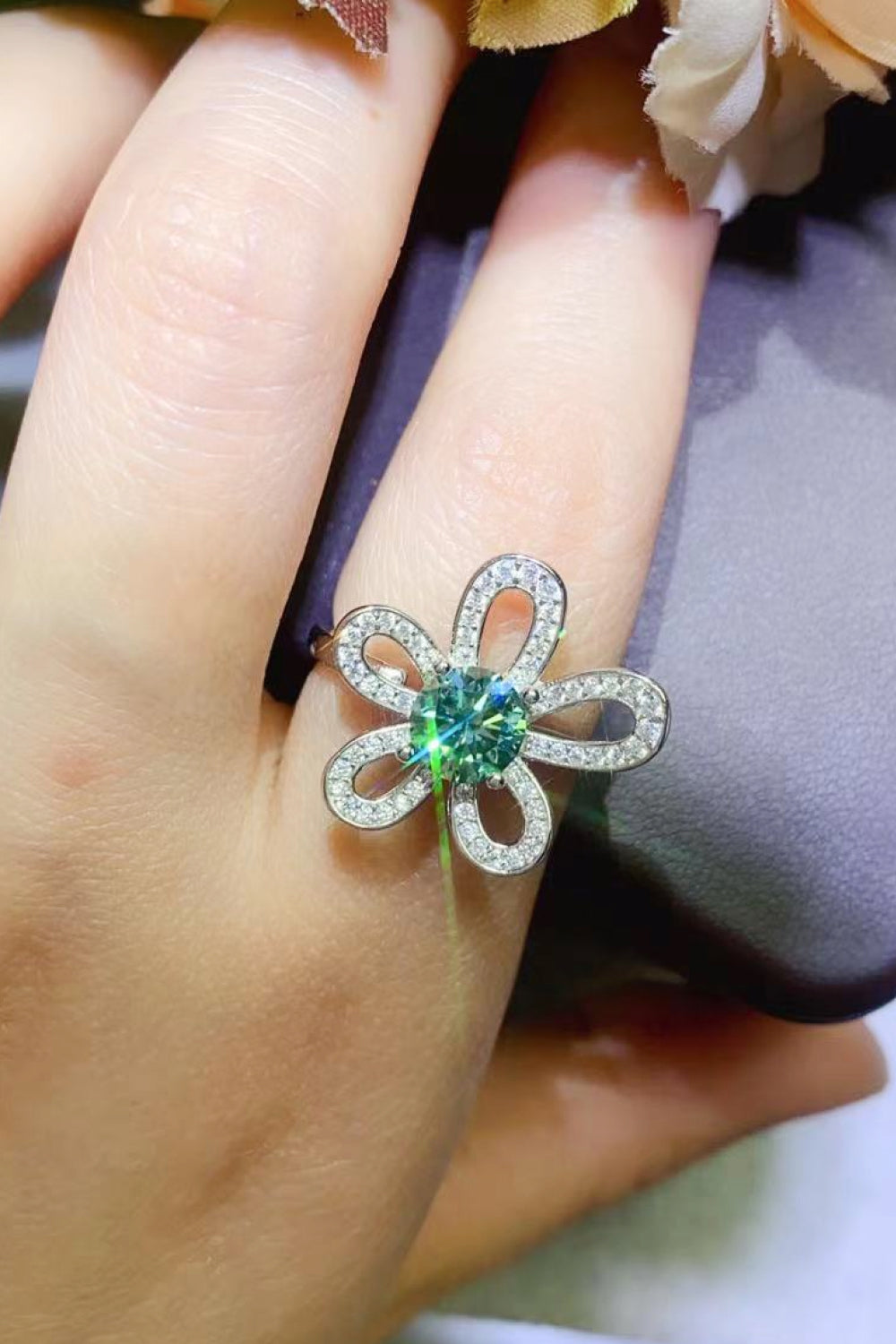 1 Carat Green Sparkala™ Flower Shape Open Ring - DestGlow