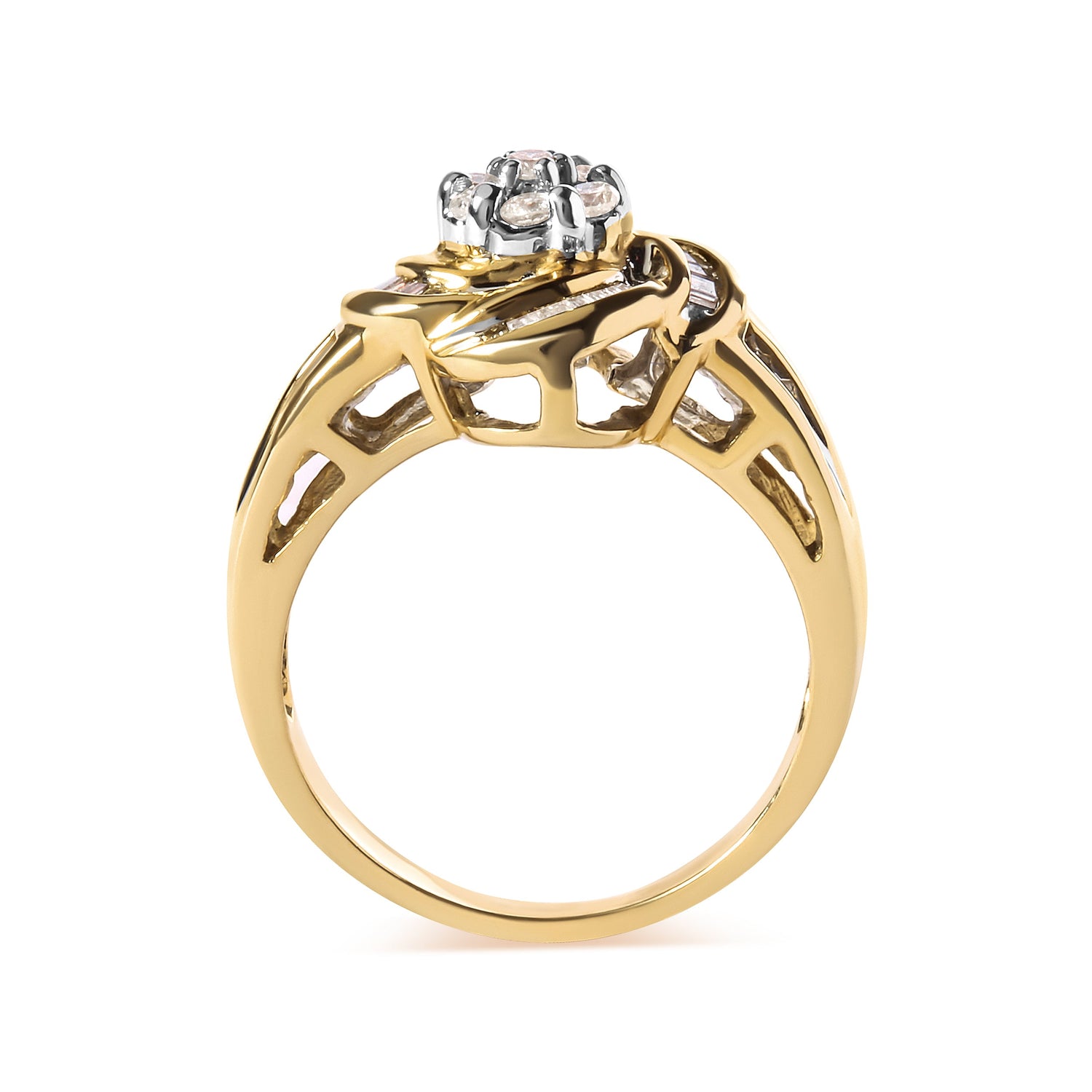 10K Yellow Gold 1/2 Cttw Round and Baguette Diamond Flower Swirl Cocktail Ring (I-J Color, SI2-I1 Clarity) - Ring Size 7 by Bids.com
