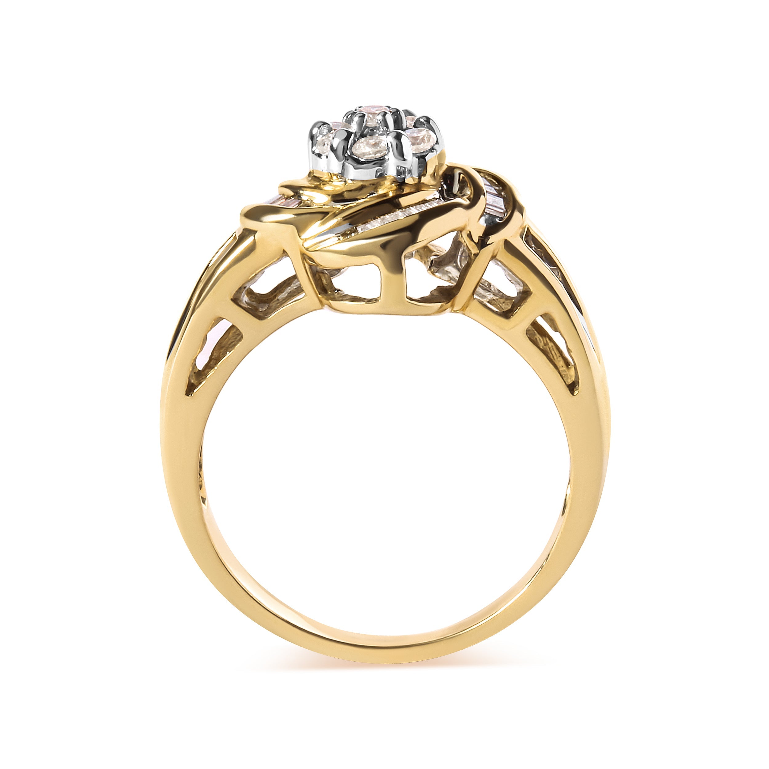 10K Yellow Gold 1/2 Cttw Round and Baguette Diamond Flower Swirl Cocktail Ring (I-J Color, SI2-I1 Clarity) - Ring Size 7 by Bids.com