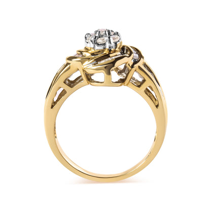 10K Yellow Gold 1/2 Cttw Round and Baguette Diamond Flower Swirl Cocktail Ring (I-J Color, SI2-I1 Clarity) - Ring Size 7 by Bids.com