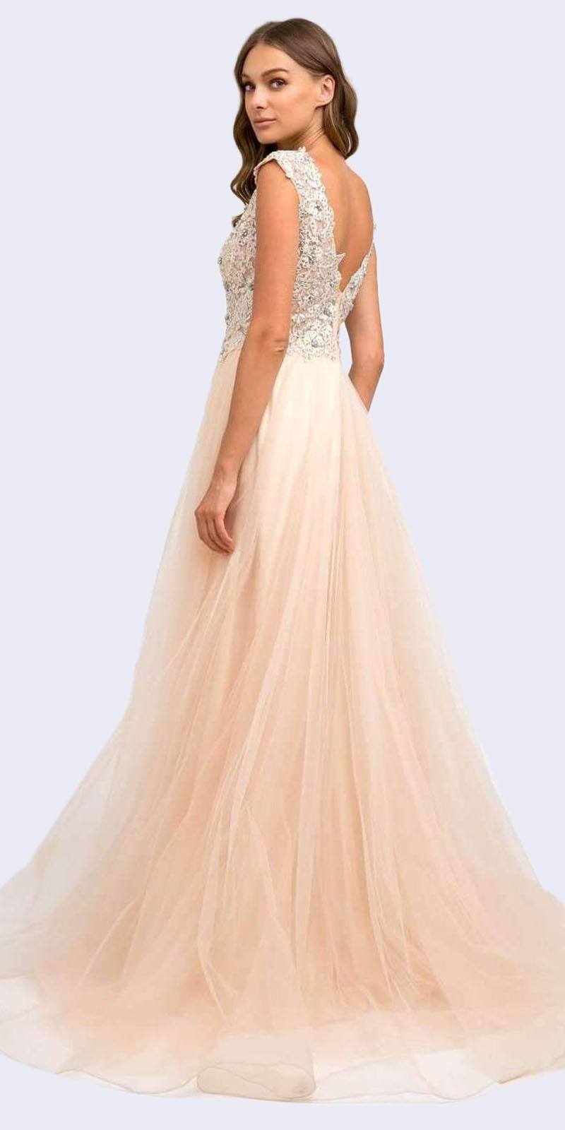Juliet 684 Cap Sleeved Long Formal Dress with Appliques by DiscountDressShop