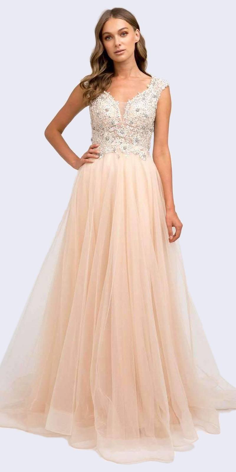 Juliet 684 Cap Sleeved Long Formal Dress with Appliques by DiscountDressShop