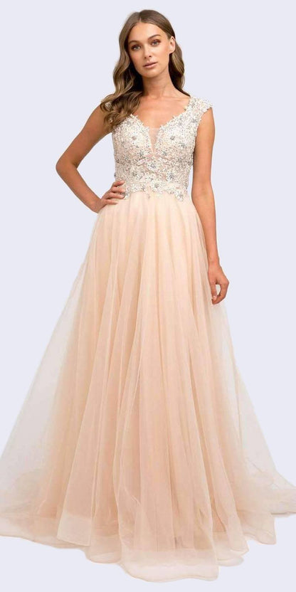 Juliet 684 Cap Sleeved Long Formal Dress with Appliques by DiscountDressShop