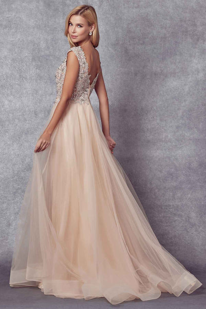 Juliet 684 Cap Sleeved Long Formal Dress with Appliques by DiscountDressShop