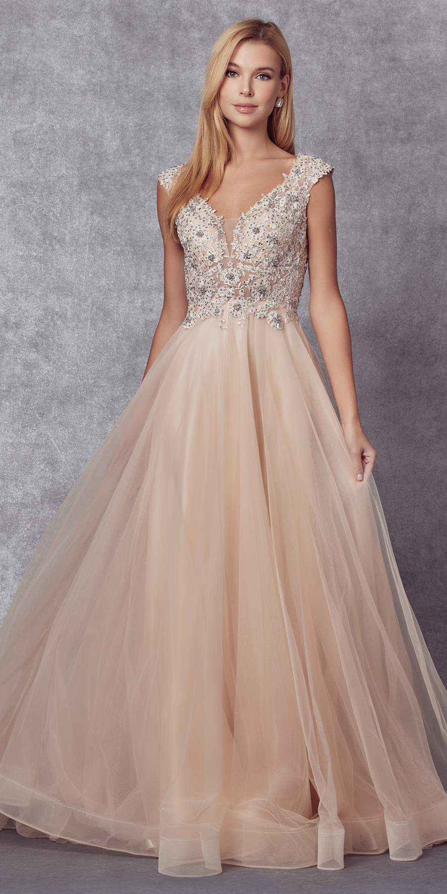 Juliet 684 Cap Sleeved Long Formal Dress with Appliques by DiscountDressShop