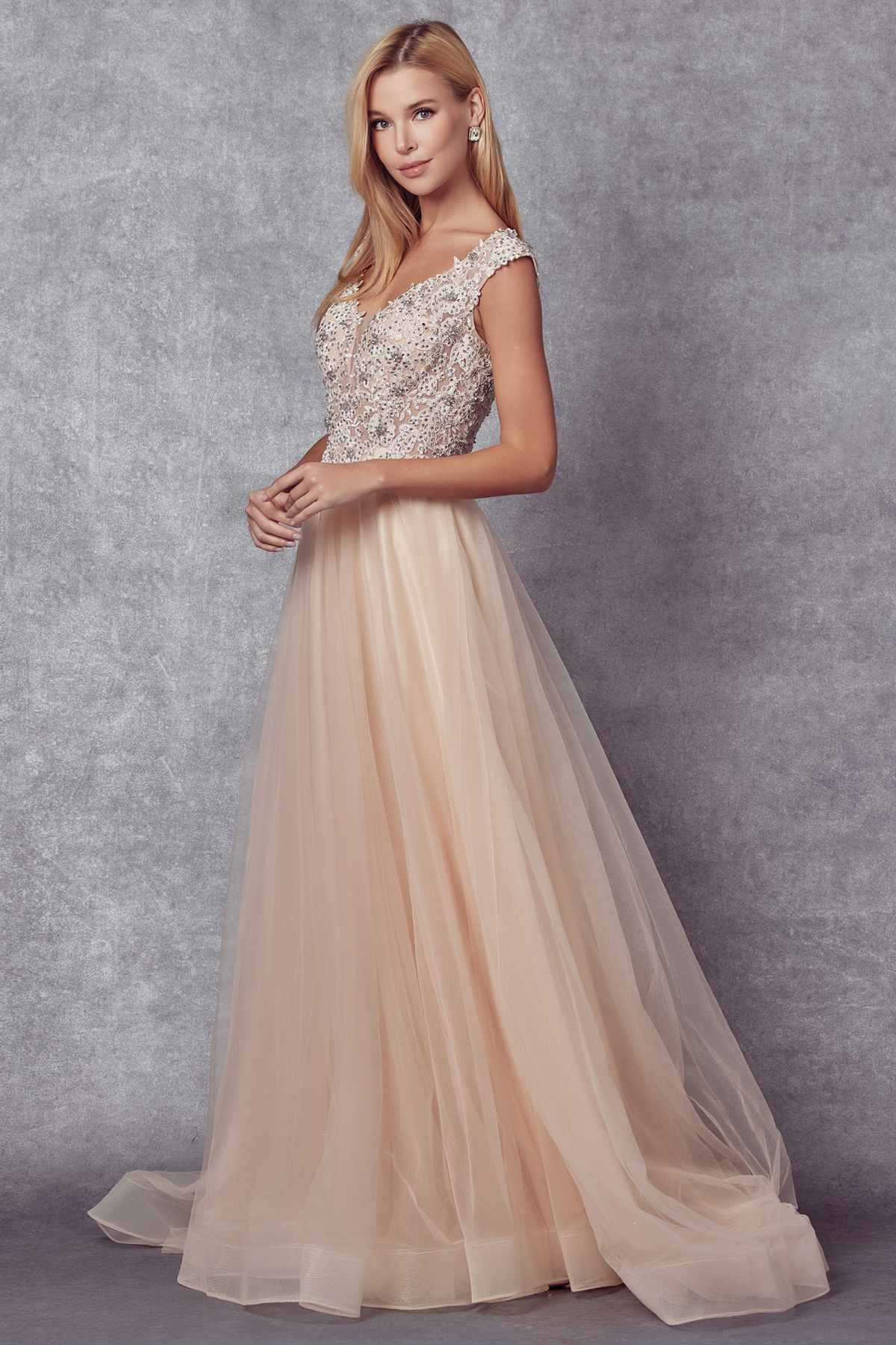 Juliet 684 Cap Sleeved Long Formal Dress with Appliques by DiscountDressShop