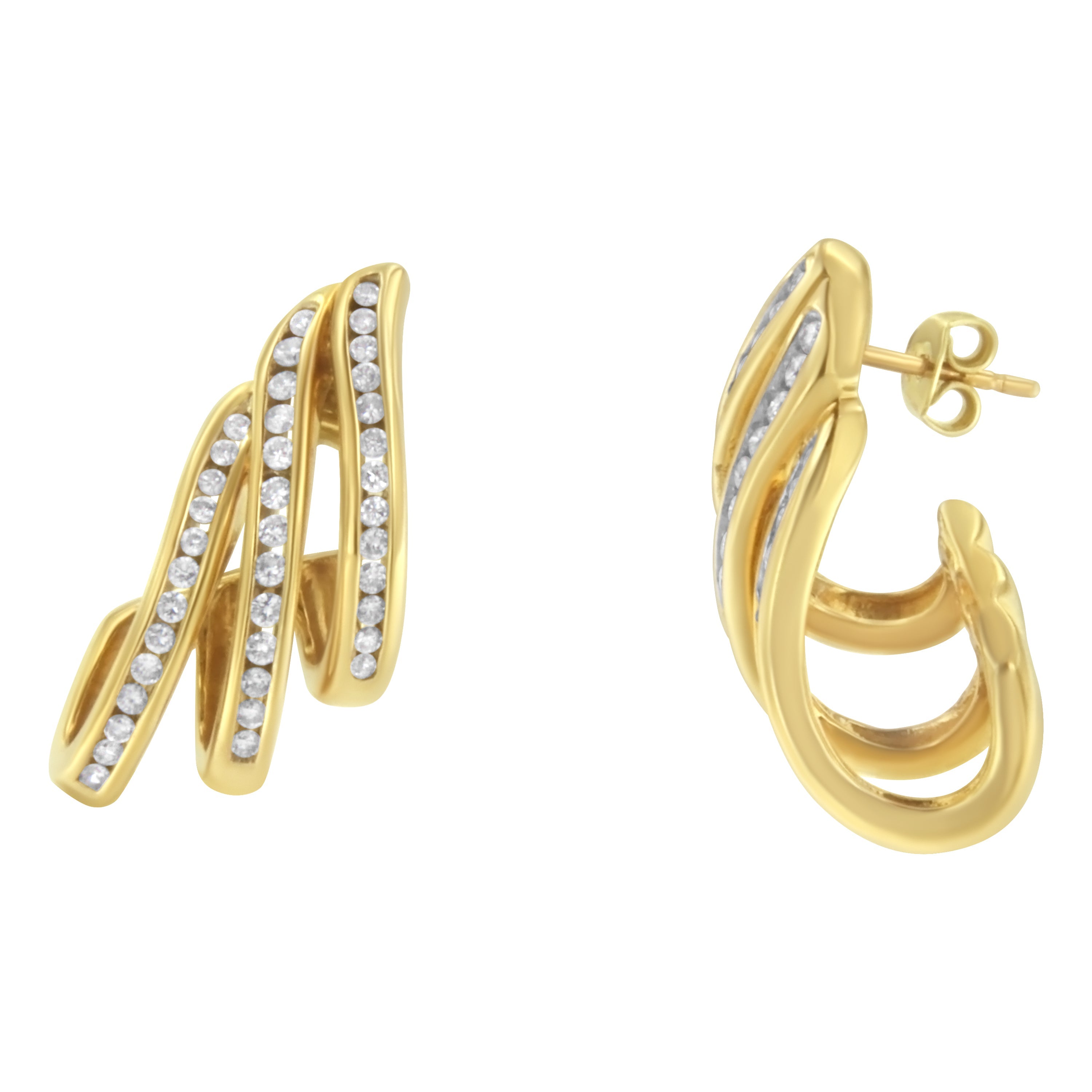 10K Yellow Gold 1.0 Cttw Round Brilliant Cut Diamond Spiral Multi Row Channel Set Open Hoop Pushback Stud Earrings (H-I Color, I1-I2 Clarity) by Bids.com