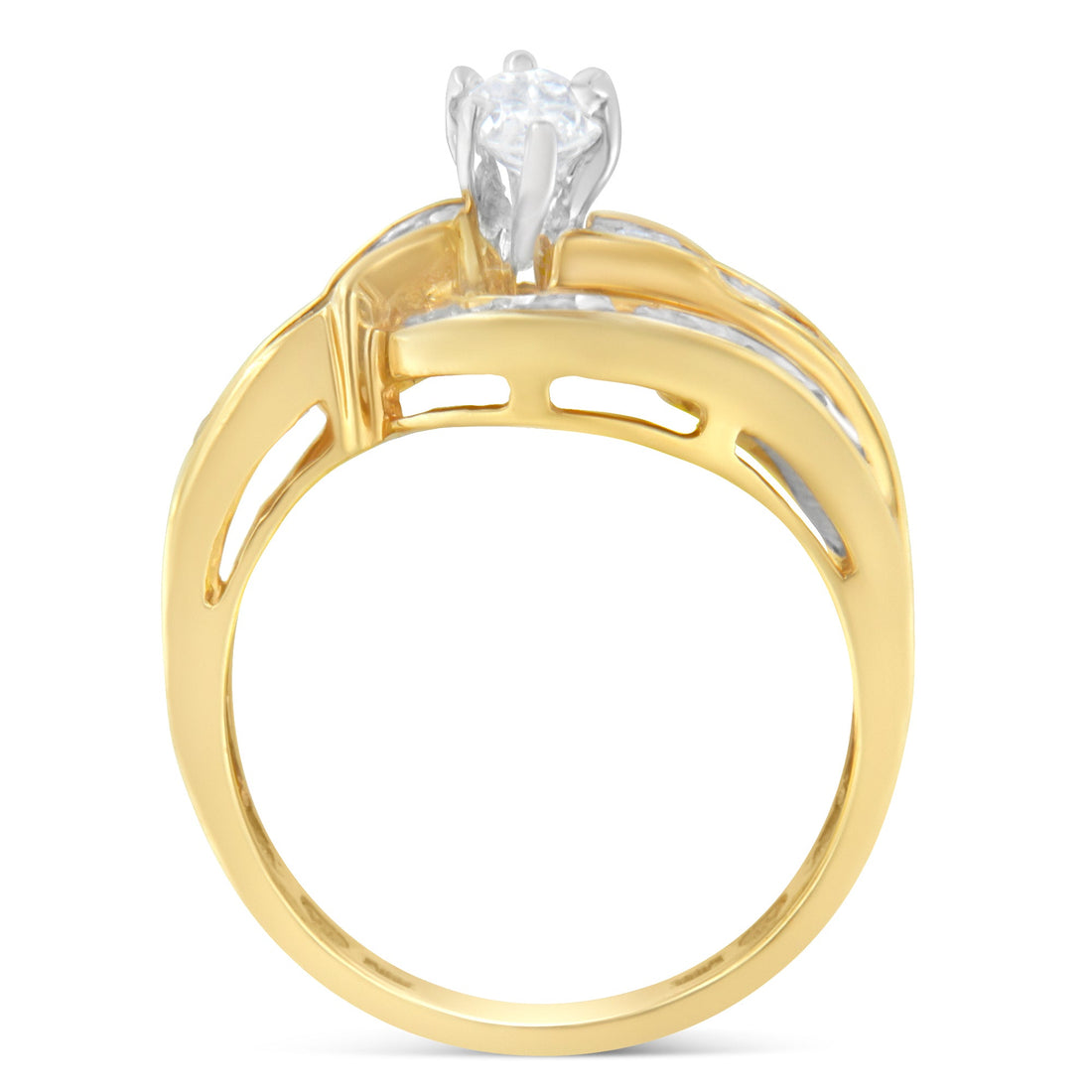 14KT Two-Toned Gold Marquise, Baguette and Round Cut Diamond Bypass Ring (1 cttw, H-I Color, SI1-SI2 Clarity) (Size 7) by Bids.com