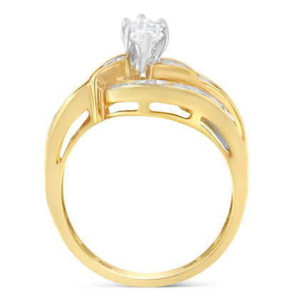 14KT Two-Toned Gold Marquise, Baguette and Round Cut Diamond Bypass Ring (1 cttw, H-I Color, SI1-SI2 Clarity) (Size 7) by Bids.com
