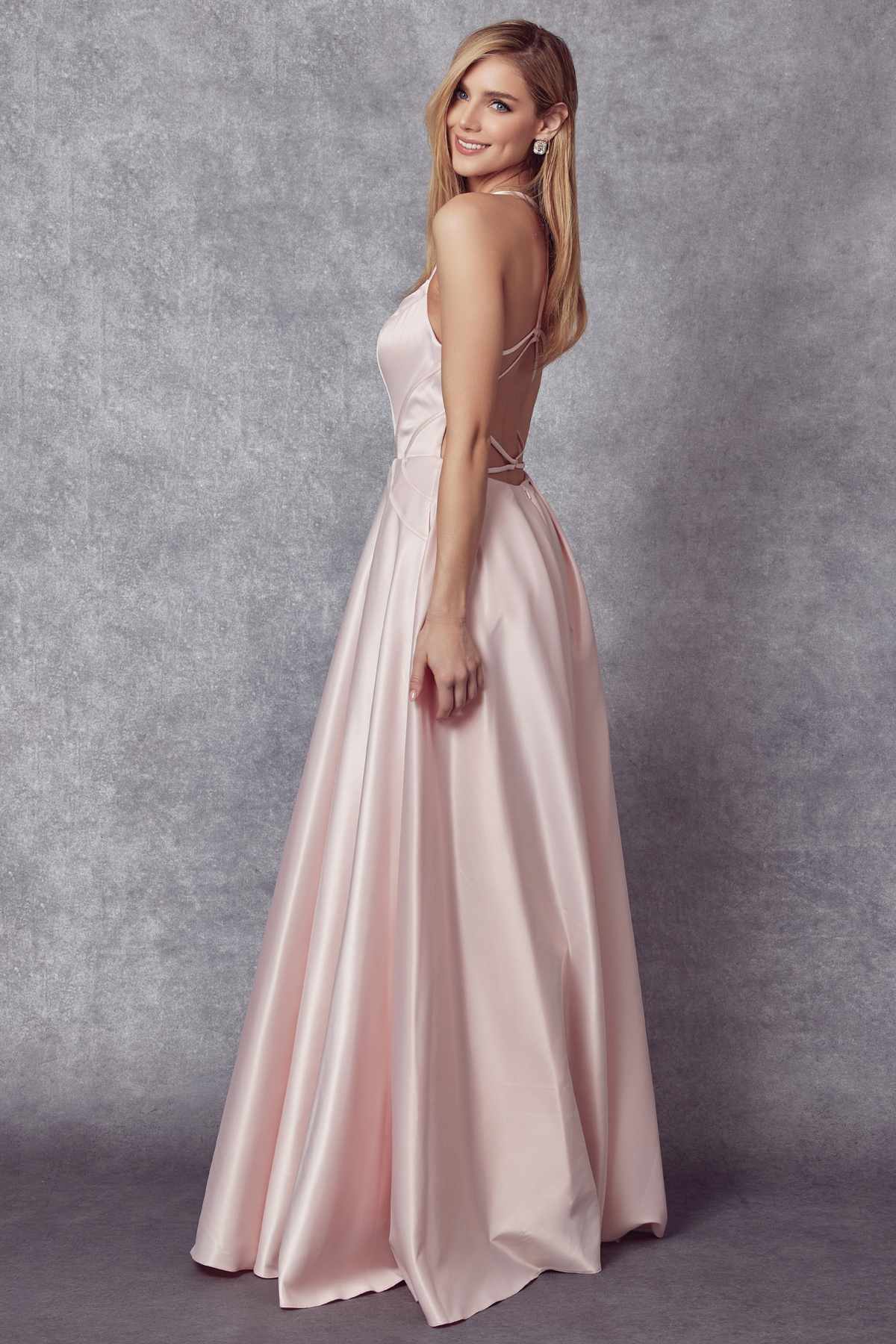 Juliet 687 Long Shiny Satin A-line Prom Gown with Pockets by DiscountDressShop