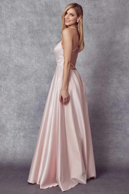 Juliet 687 Long Shiny Satin A-line Prom Gown with Pockets by DiscountDressShop