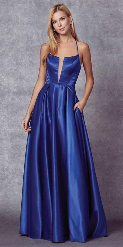 Juliet 687 Long Shiny Satin A-line Prom Gown with Pockets by DiscountDressShop