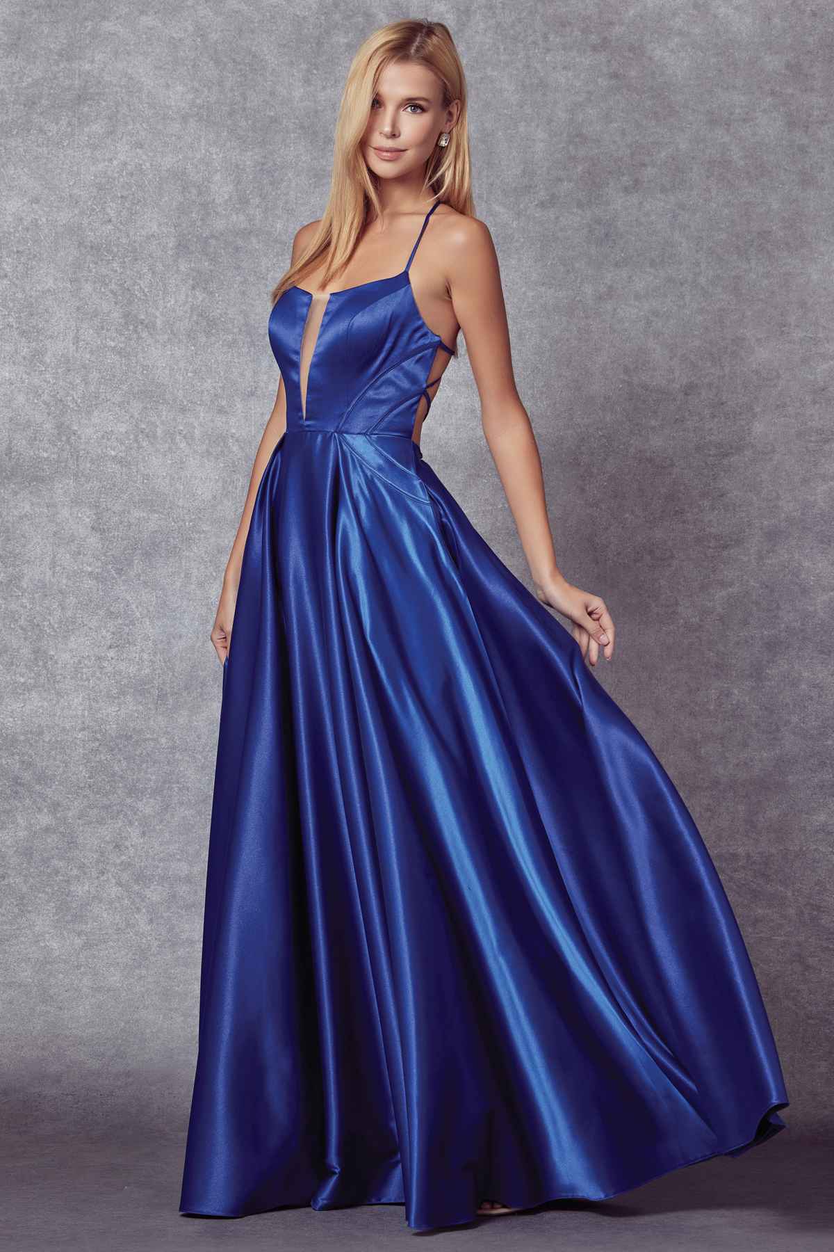 Juliet 687 Long Shiny Satin A-line Prom Gown with Pockets by DiscountDressShop