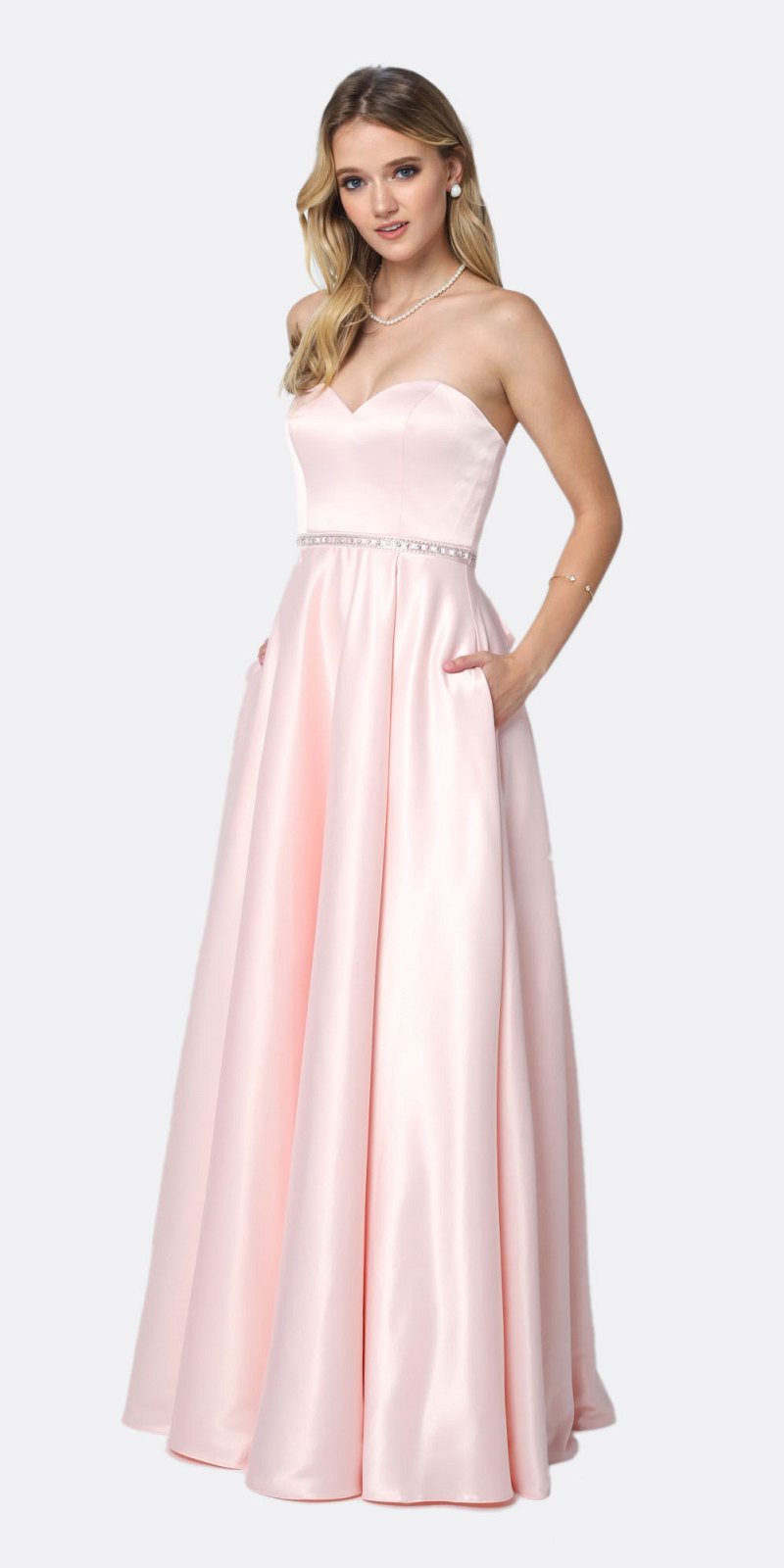 Juliet 688 Floor Length Shiny Satin A-Line Gown Beaded Belt with Pockets by DiscountDressShop