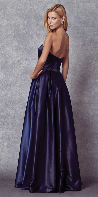 Juliet 688 Floor Length Shiny Satin A-Line Gown Beaded Belt with Pockets by DiscountDressShop