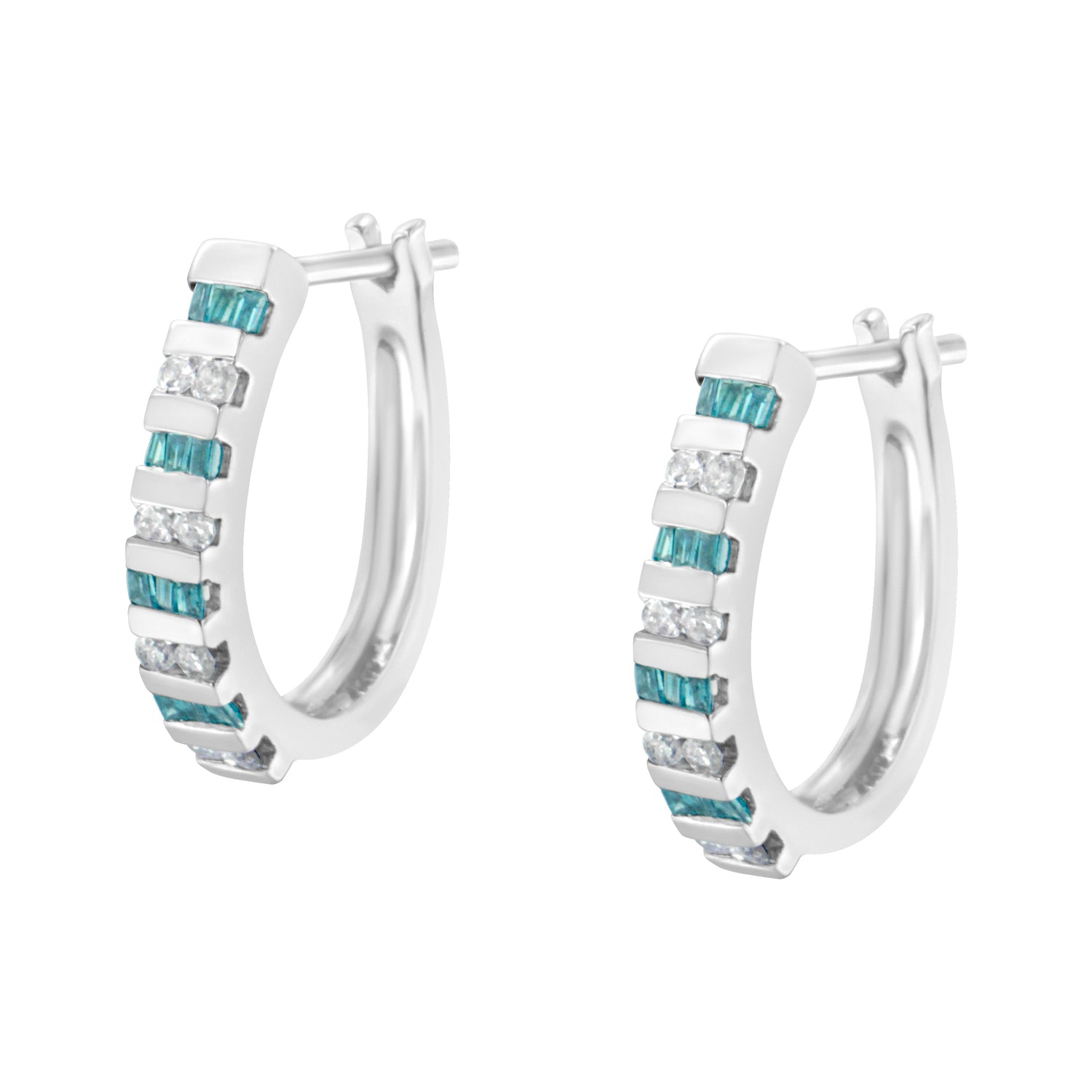 10k White Gold Round and Blue Baguette 1/2 cttw Diamond Hoop Earrings (I-J Color, I2-I3 Clarity) by Bids.com